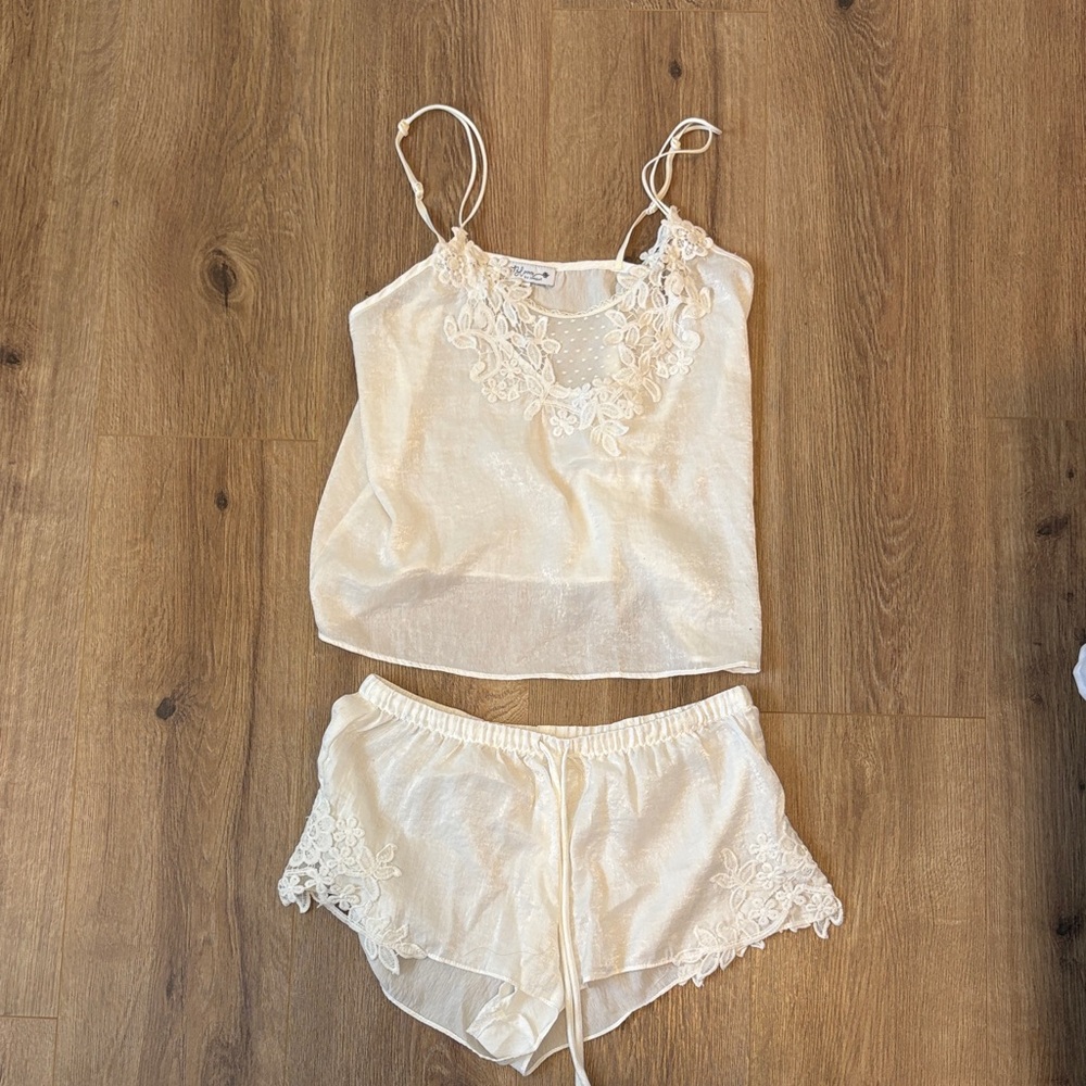 Lace-Trim Cream Camisole & Shorts Pajama Set